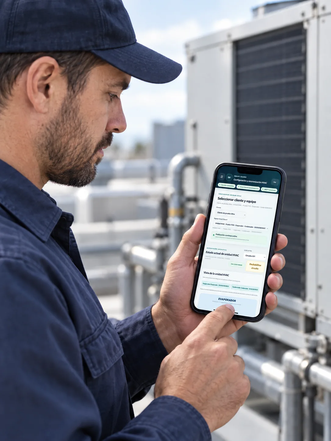 Montaje ilustrativo de un técnico de refrigeración junto a una unidad HVAC consultando Smart Guard en un celular.